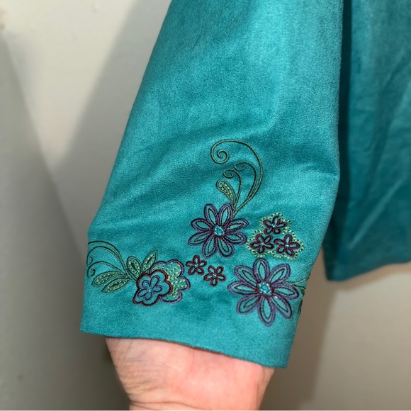 VTG Fashion Classics Sueded Long Sleeve Embroidered Bead Shirt/Jacket,Teal, Sz L - Picture 4 of 11